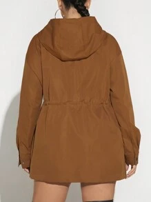 SHEIN SXY 大碼翻蓋口袋腰部抽繩拉鏈開襟連帽外套 - 棕色 - 查看 2