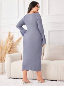 Modelyn Plus Solid Flounce Sleeve Sweater Bodycon Dress - Blue - View 2