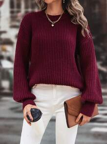SHEIN LUNE 素色落肩袖套頭毛衣 - 酒紅色 - 查看 1