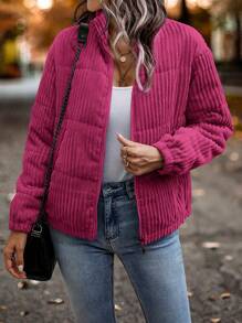 SHEIN LUNE Slant Pocket Corduroy Padded Padded Coat Clothes Winter - Hot Pink - View 5