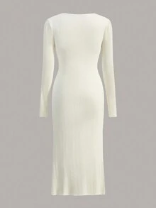 SHEIN MOD Solid Criss Cross Ribbed Knit Dress - Apricot - View 2