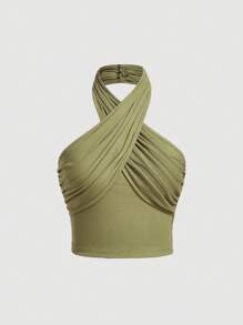 SHEIN MOD Solid Halter Neck Backless Top - Army Green - View 1