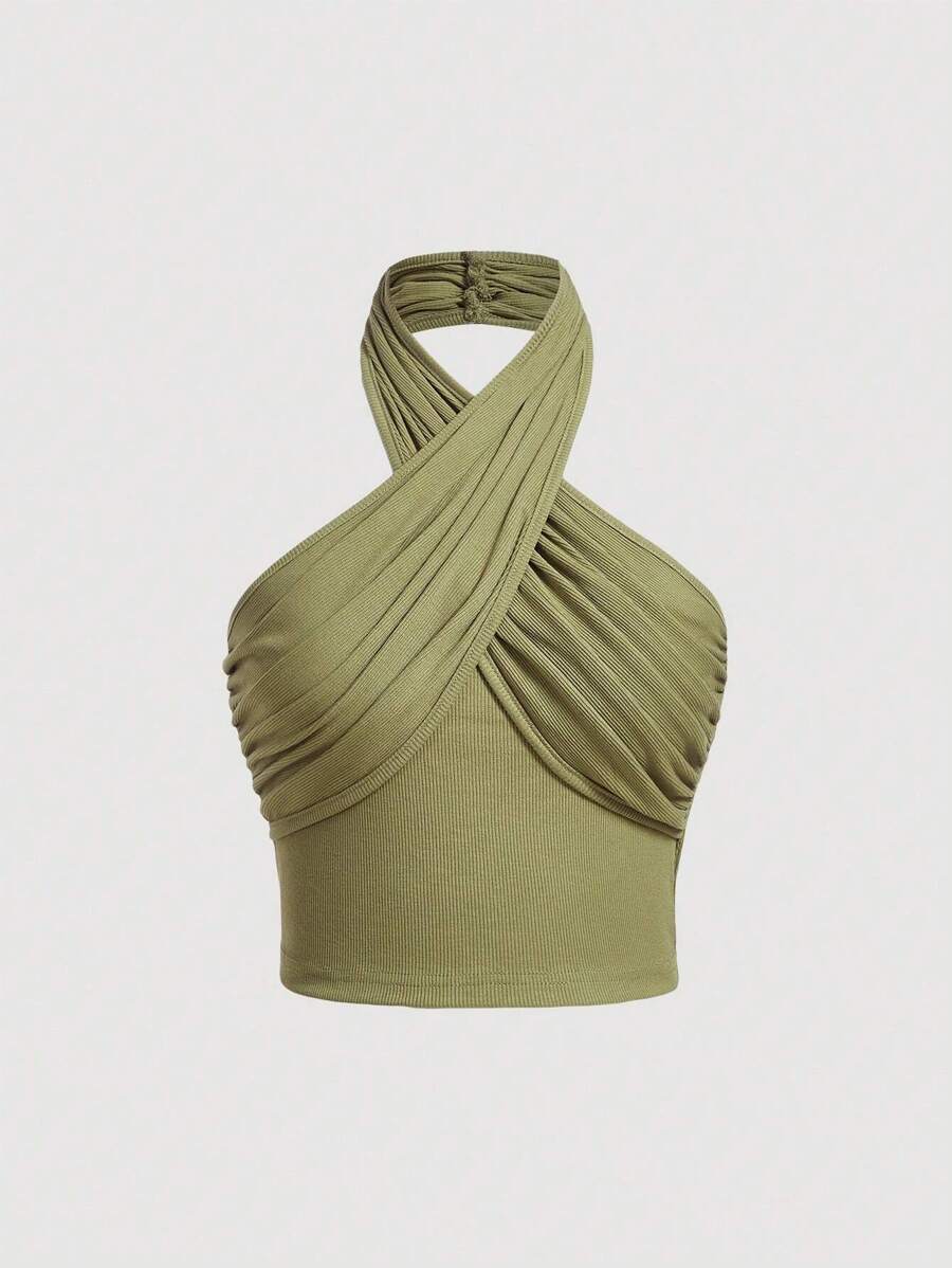 SHEIN MOD Solid Halter Neck Backless Top - Army Green - View 1