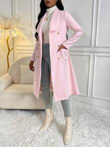 SHEIN LUNE 青果領雙排釦翻蓋口袋花呢外套 - 粉色 - 查看 5