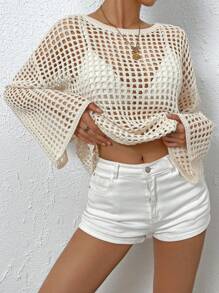 Breezaya Hollow Out Drop Shoulder Open Knit Sweater Without Bra,Long Sleeve Tops Knit Pullover Fall Winter Outfit - Apricot - View 5