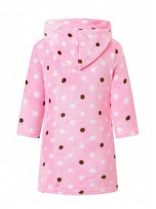 年輕女孩圓點印花連帽腰帶法蘭絨長袍 - 粉色 - 查看 2