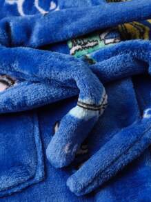 Young Boy Cartoon Embroidery Hooded Belted Flannel Robe - Blue - View 5