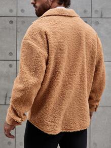 Manfinity Homme Loose Fit Men's Flap Pocket Drop Shoulder Teddy Coat - Khaki - View 2