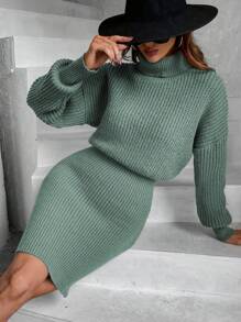 EMERY ROSE 高領落肩毛衣洋裝 - 綠色 - 查看 6