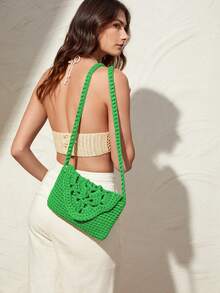 SHEIN VCAY Women's Woven Crossbody Bag With Flap Cover, Minimalist Style And Multifunctional Design - Green - View 6