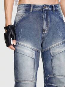 ROMWE MEN Grunge Punk Guys Flap Pocket Side Cargo Jeans - Blue and White - View 6