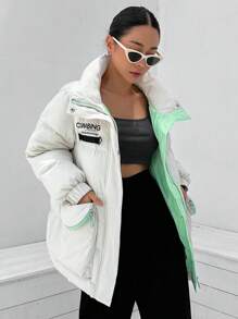 DAZY Letter Graphic Slant Pocket Puffer Thick Pockets Coat ,Winter Women Clothes,Winter Coat Women