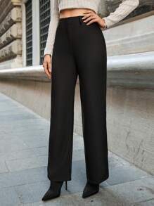 EURMUSE Chất rắn Cao eo quần ống rộng Quần tây - màu đen - Xem 4