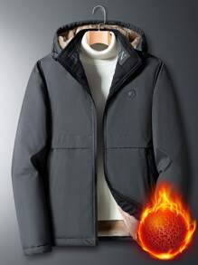 男士长袖字母拼接细节泰迪绒连帽羽绒服（不含内衬），秋冬款 - 灰色 - 查看 3