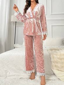 Guipure Lace Trim Belted Velvet PJ Set / Pajama Set - Baby Pink - View 4