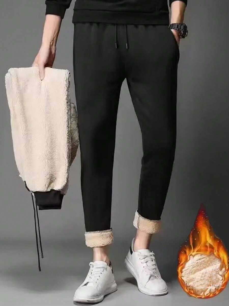 男式纯色抽绳腰口袋卷边休闲运动裤 - 黑色 - 查看 1