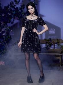 Corpse Bride | ROMWE Butterfly Print Velvet Dress - Multicolor - View 6
