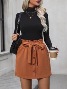 SHEIN Clasi 紙袋腰腰帶燈芯絨半身裙 - 棕色 - 查看 1