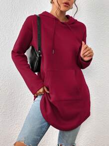 SHEIN Essnce Áo hoodie dây rút có túi Kangaroo - Màu Đỏ Sâu - Xem 6
