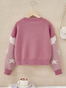 SHEIN Tween Girl Casual Loose Fit Long Sleeve V-neck Knitted Cardigan - Pink - View 2