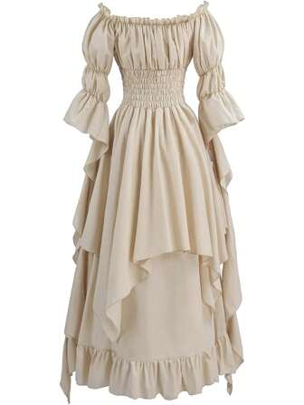 Medieval Style Women's Solid Color Off Shoulder Flared Sleeve Ruched Waist Maxi Elegant Dress