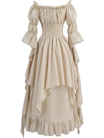 Medieval Style Women's Solid Color Off Shoulder Flared Sleeve Ruched Waist Maxi Elegant Dress