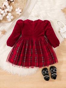 SHEIN Girls Baby Tartan Print Bow Front Mesh Overlay Dress - Red - View 2