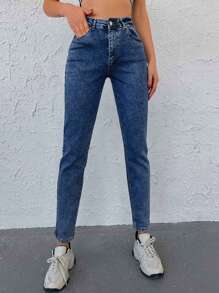 EURMUSE 98%Cotton Solid Slant Pocket Mom Fit Jeans - Blue - View 5