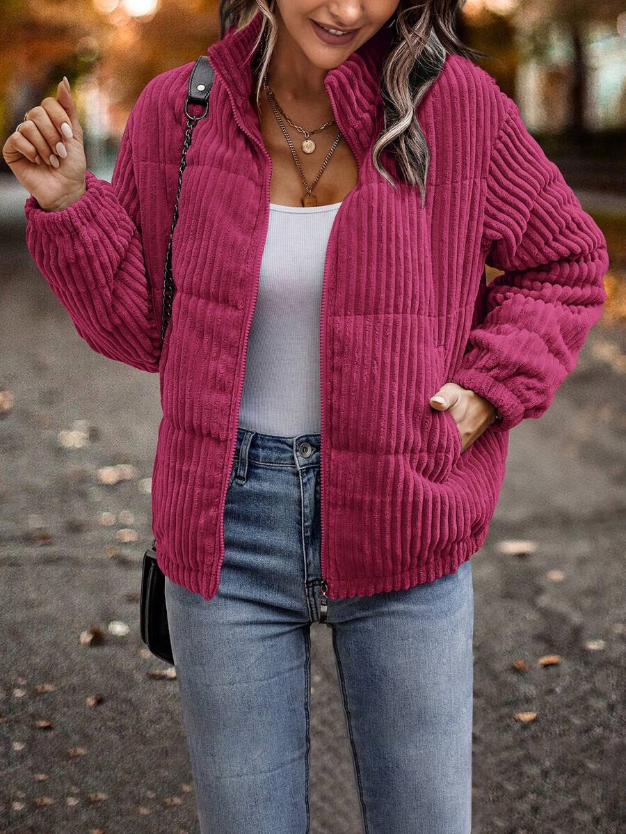 SHEIN LUNE Slant Pocket Corduroy Padded Padded Coat Clothes Winter - Hot Pink - View 1
