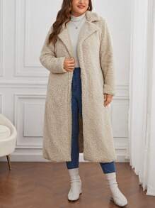 SHEIN LUNE Hơn Cổ áo Túi Kép Mở Mặt trước Áo khoác Teddy - Màu be - Xem 1