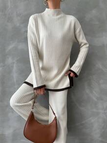 EURMUSE Contrast Trim Mock Neck Drop Shoulder Split Hem Sweater & Knit Pants - Beige - View 5