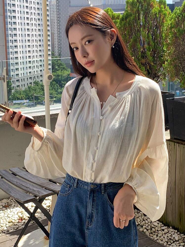 DAZY Women's Loose Fit Cardigan, Business Casual, School Uniform Style Shirt Long Sleeve Top - Beige - View 6