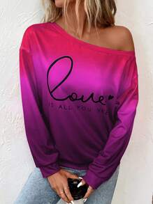 SHEIN LUNE 標語圖案漸層不對稱領落肩袖運動衫 - 彩色 - 查看 1