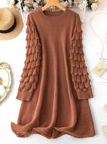 Calvaya Plus Solid Round Neck Sweater Dress - Coffee Brown - View 1