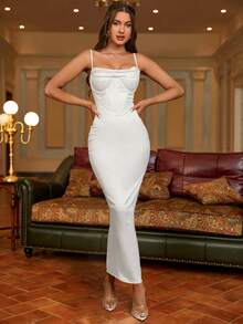 PARTHEA 褶飾開衩後背緞面吊帶洋裝 - 白色 - 查看 6