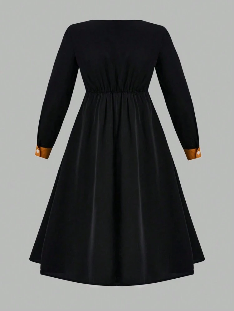 Halloween Plus Two Tone Button Detail Flare Hem Dress Fall Cloth For Women