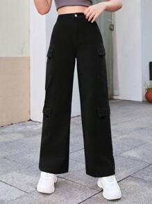 SHEIN 少女三層口式口袋側面插袋裝扣牛仔褲 - 黑色 - 查看 5