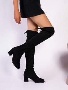 女式尖頭粗跟時尚絨面革過膝靴 - 黑色 - 查看 3