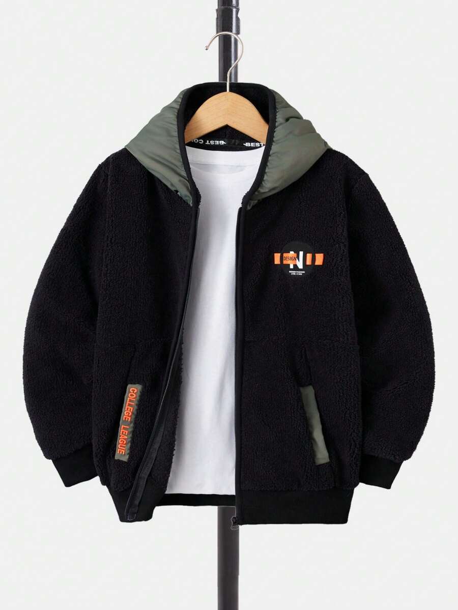 RueChic Tween Boy Letter Embroidery Contrast Hooded Jacket Without Tee - Black - View 1