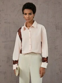 SHEIN Clasi 圖案印花落肩襯衫 - 香檳色 - 查看 1