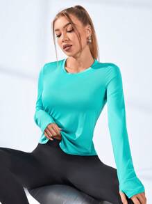 Easithlete 几何印花弧形下摆运动长袖 T 恤健身上衣健身背心