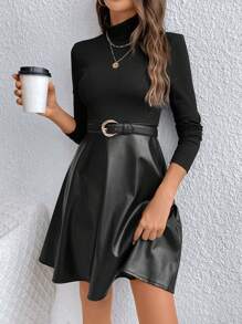 SHEIN Frenchy 素色小高領A字洋裝不附腰帶 - 黑色 - 查看 1