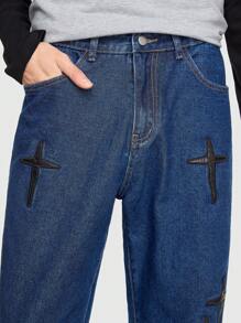 ROMWE MEN Street Life 男士十字紋直筒牛仔褲 - 深色水洗藍 - 查看 4