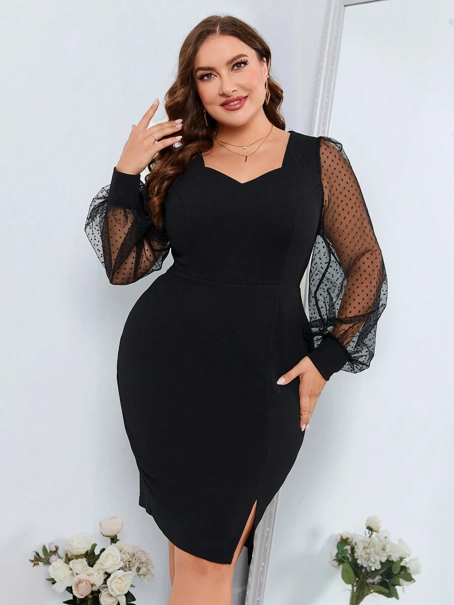 Reflora Plus Contrast Dobby Mesh Lantern Sleeve Split Hem Bodycon Dress Fall Elegant - Black - View 1