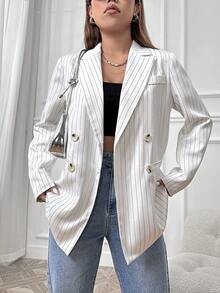 SHEIN Unity Striped Print Double Breasted Blazer - White - View 3