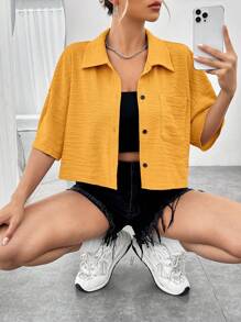 SHEIN EZwear Camisa de hombros caídos con parche de bolsillo - Amarillo - Ver 1
