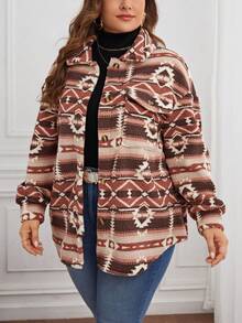 SHEIN LUNE 大碼幾何印花落肩袖翻蓋口袋法蘭絨外套 - 彩色 - 查看 3