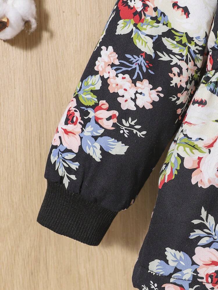 Baby Girl Floral Print Fuzzy Trim Hooded Peplum Waist Thermal Lined Coat