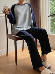 DAZY Two Tone Raglan Sleeve Lounge Set Pajama - Navy Blue - View 1