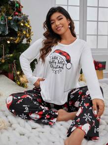 Talla grande Conjunto de pijama pantalones con camiseta con estampado de Navidad - Multicolor - Ver 1
